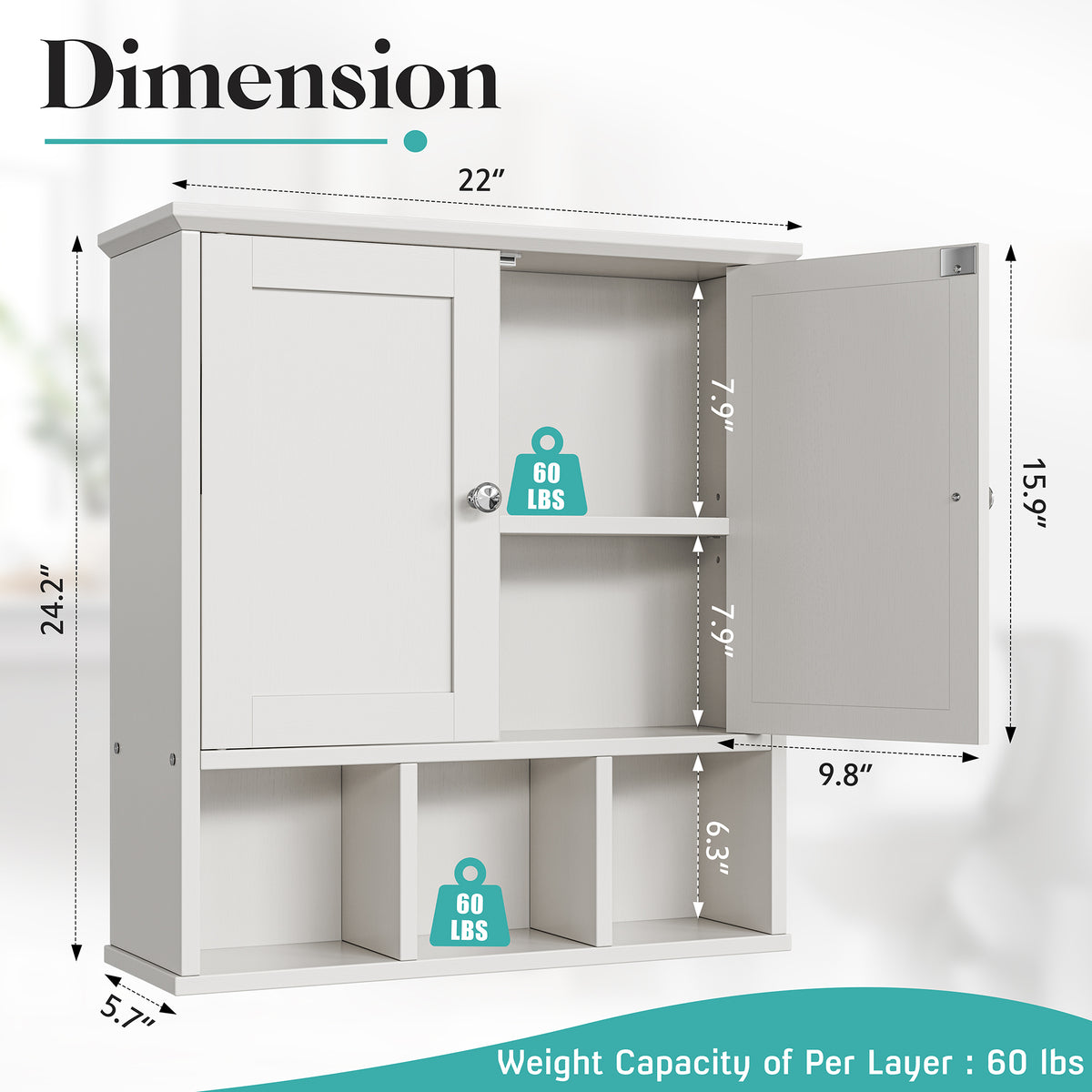 Meilocar Bathroom Wall Cabinet, Bathroom Cabinet Wall Mount with 2 Doors and 3 Open Shelves, Over the Toilet Wood Medicine Cabinets for Laundry Room