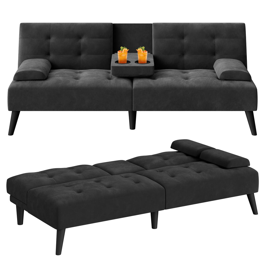Meilocar 64" Futon Sofa Bed, Small Loveseat, Cup Holders, Small Couch with 3 Adjustable Angles, Removable Armrests, Small Sofa for Apartment, 5.3 FT