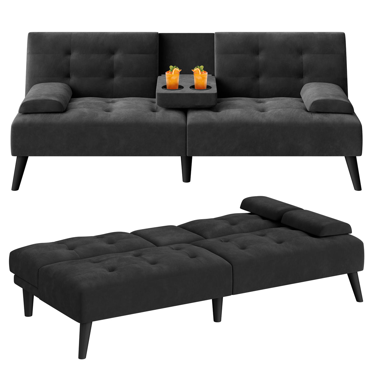 Meilocar 64" Futon Sofa Bed, Small Loveseat, Cup Holders, Small Couch with 3 Adjustable Angles, Removable Armrests, Small Sofa for Apartment, 5.3 FT