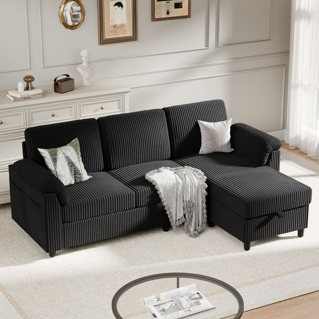 Meilocar Sectional Couch for Living Room, 79in Sectional Sofa with Ottoman, L Shaped Couch with Armrests Side Storage Pockage, 3-Seat Sofa Couches for Apartment, Black