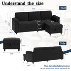 Meilocar Sectional Couch for Living Room, 79in Sectional Sofa with Ottoman, L Shaped Couch with Armrests Side Storage Pockage, 3-Seat Sofa Couches for Apartment, Black