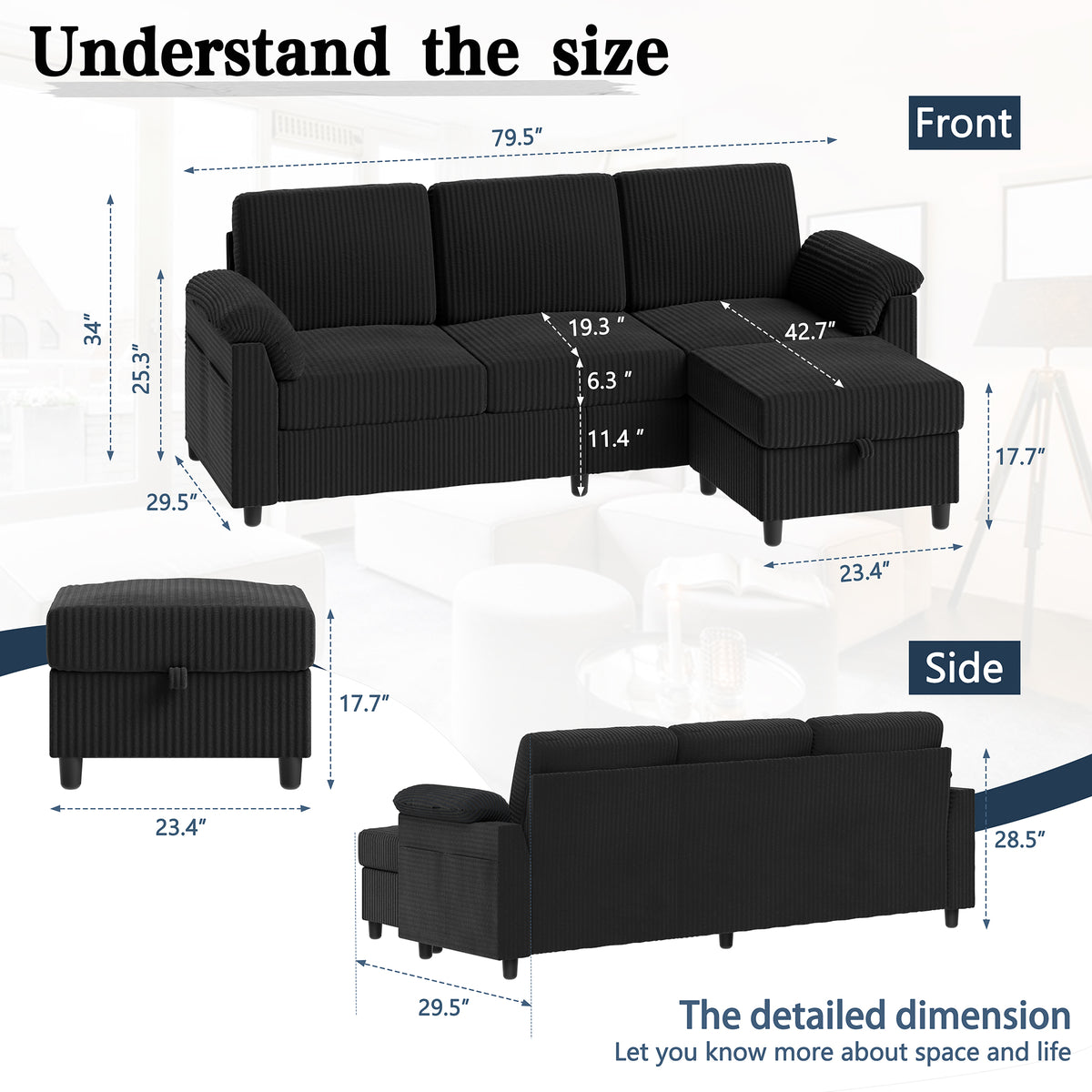 Meilocar Sectional Couch for Living Room, 79in Sectional Sofa with Ottoman, L Shaped Couch with Armrests Side Storage Pockage, 3-Seat Sofa Couches for Apartment, Black