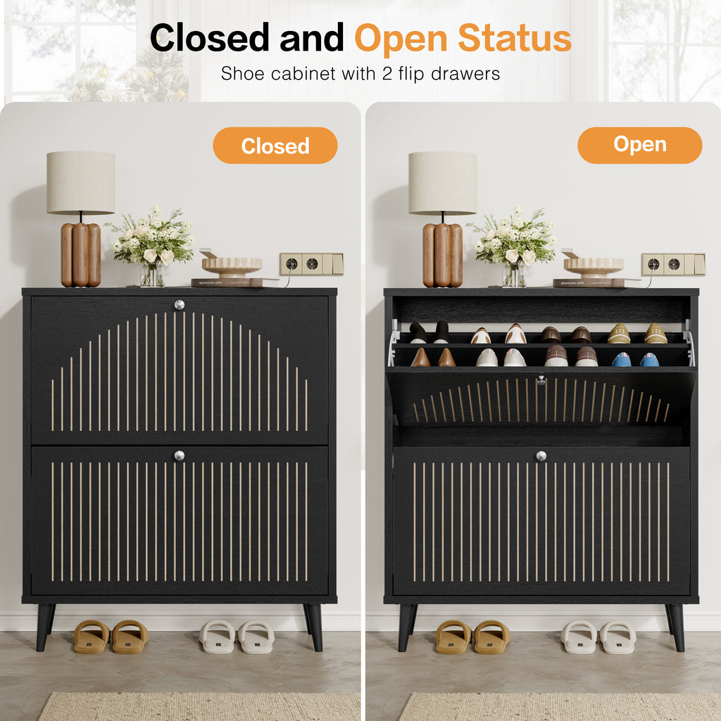 Shoe Cabinet with 2 Flip Drawers, Freestanding Wooden Shoe Storage Cabinet, Modern Fluted Shoe Organizer with Fluted Doors for Entryway, Hallway