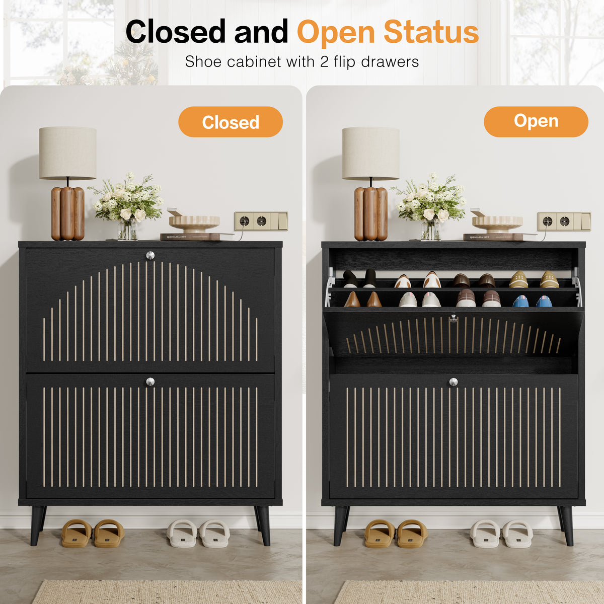 Shoe Cabinet with 2 Flip Drawers, Freestanding Wooden Shoe Storage Cabinet, Modern Fluted Shoe Organizer with Fluted Doors for Entryway, Hallway