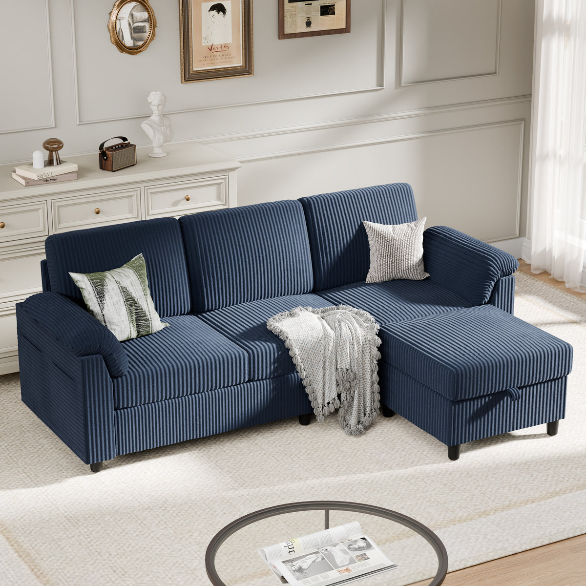 Meilocar Sectional Couch for Living Room, 79in Sectional Sofa with Ottoman, L Shaped Couch with Armrests Side Storage Pockage, 3-Seat Sofa Couches for Apartment, Black