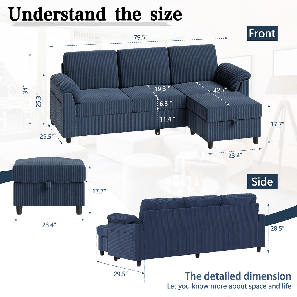Meilocar Sectional Couch for Living Room, 79in Sectional Sofa with Ottoman, L Shaped Couch with Armrests Side Storage Pockage, 3-Seat Sofa Couches for Apartment, Black
