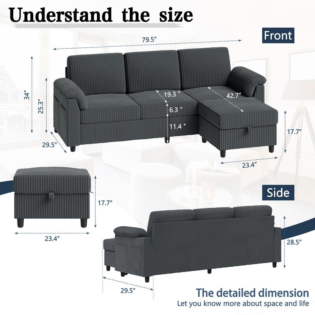 Meilocar Sectional Couch for Living Room, 79in Sectional Sofa with Ottoman, L Shaped Couch with Armrests Side Storage Pockage, 3-Seat Sofa Couches for Apartment, Black