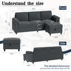 Meilocar Sectional Couch for Living Room, 79in Sectional Sofa with Ottoman, L Shaped Couch with Armrests Side Storage Pockage, 3-Seat Sofa Couches for Apartment, Black