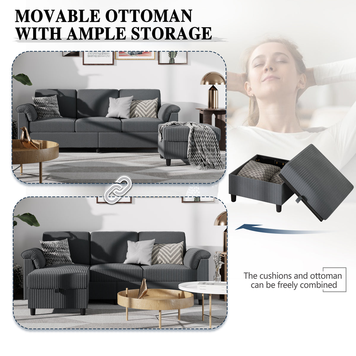 Meilocar Sectional Couch for Living Room, 79in Sectional Sofa with Ottoman, L Shaped Couch with Armrests Side Storage Pockage, 3-Seat Sofa Couches for Apartment, Black