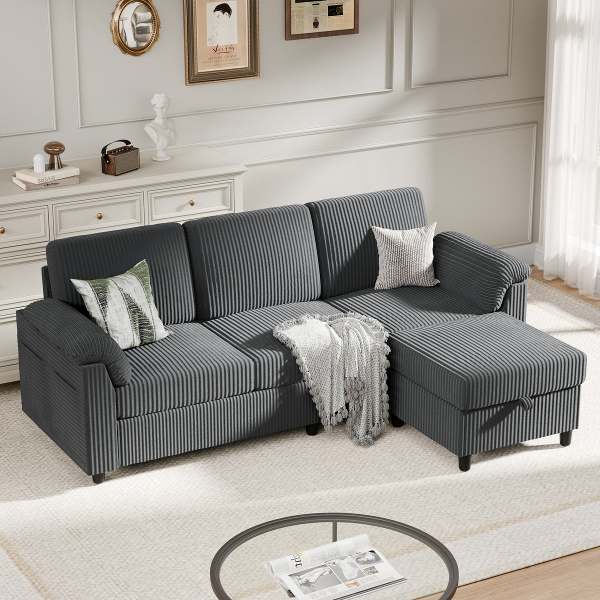 Meilocar Sectional Couch for Living Room, 79in Sectional Sofa with Ottoman, L Shaped Couch with Armrests Side Storage Pockage, 3-Seat Sofa Couches for Apartment, Black