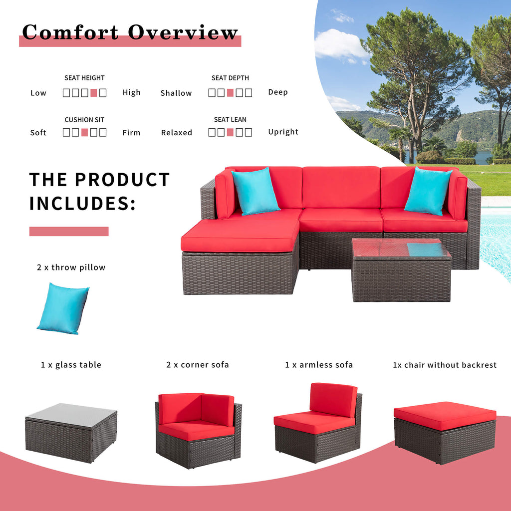 Walsunny Patio Furniture 5 Pieces PE Wicker Outdoor Sectional Sofa Set With Ottoman