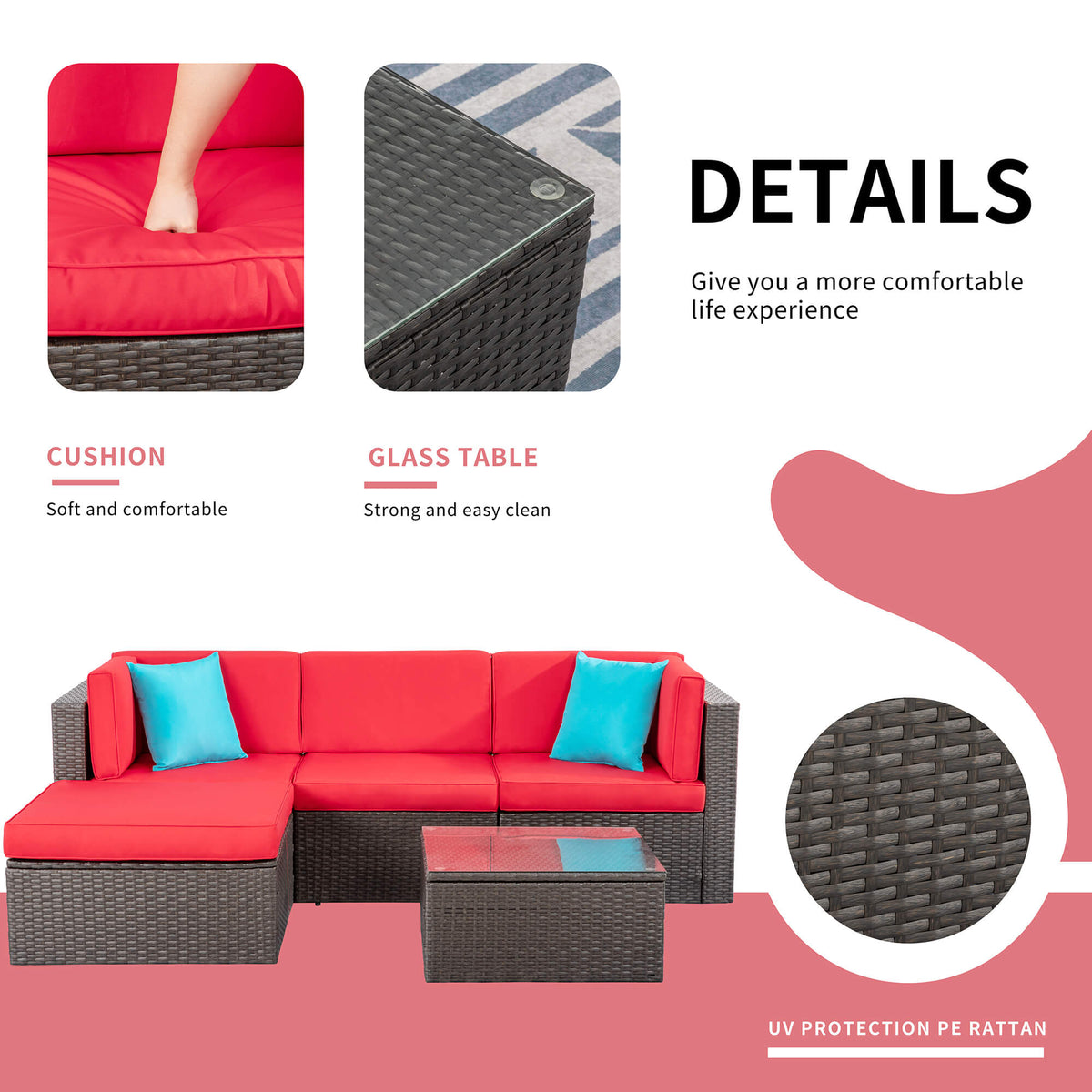 Walsunny Patio Furniture 5 Pieces PE Wicker Outdoor Sectional Sofa Set With Ottoman