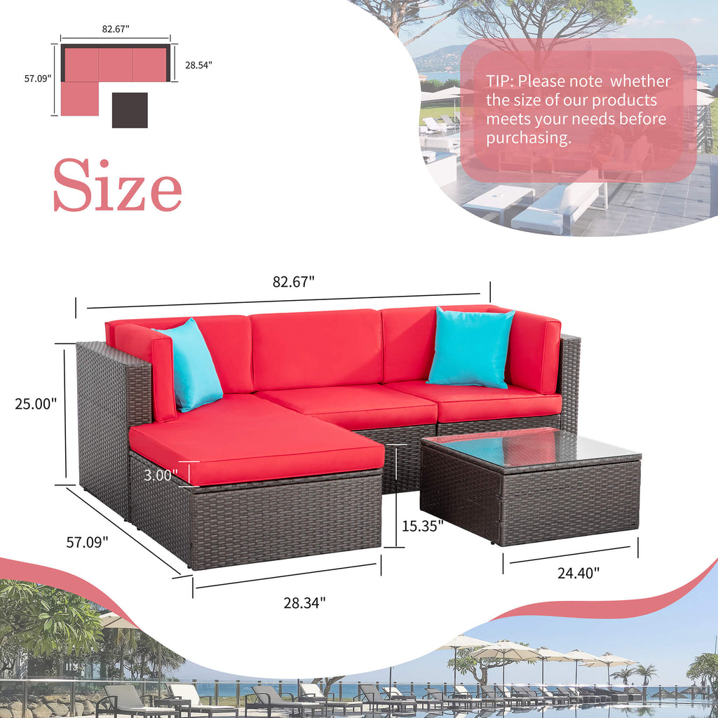 Walsunny Patio Furniture 5 Pieces PE Wicker Outdoor Sectional Sofa Set With Ottoman