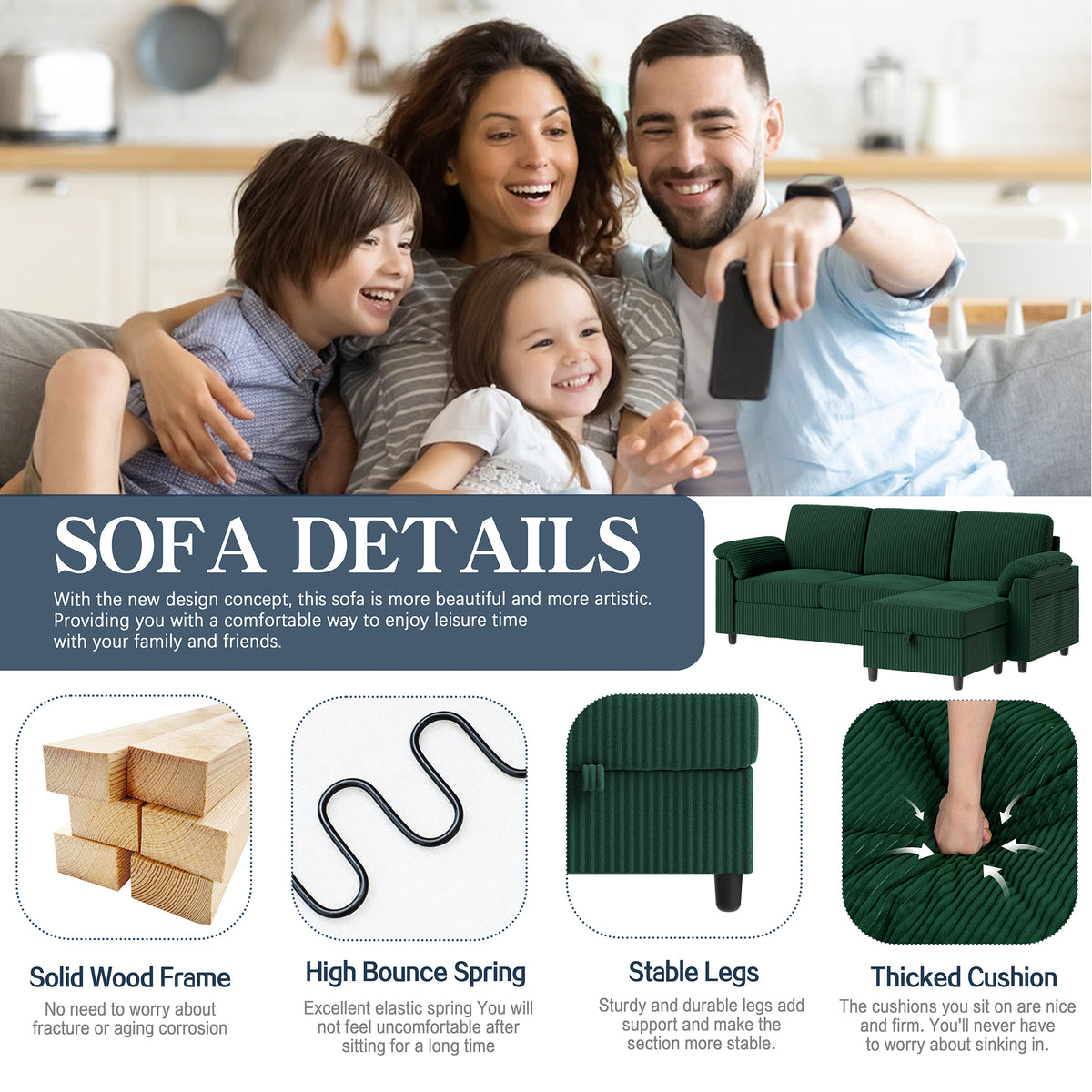 Meilocar Sectional Couch for Living Room, 79in Sectional Sofa with Ottoman, L Shaped Couch with Armrests Side Storage Pockage, 3-Seat Sofa Couches for Apartment, Black