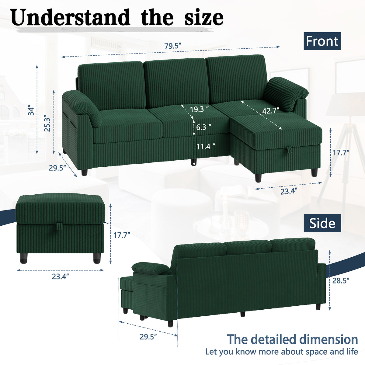 Meilocar Sectional Couch for Living Room, 79in Sectional Sofa with Ottoman, L Shaped Couch with Armrests Side Storage Pockage, 3-Seat Sofa Couches for Apartment, Black
