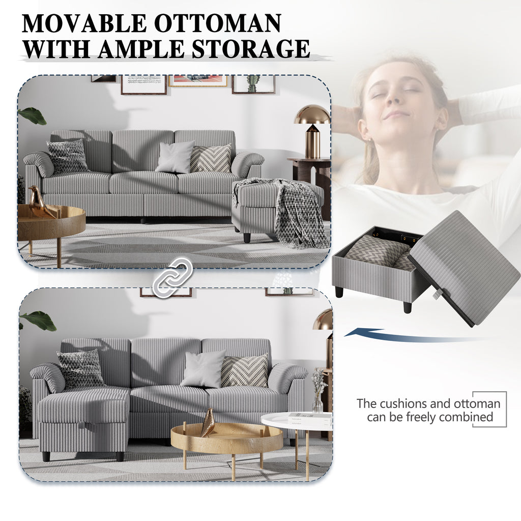 Meilocar Sectional Couch for Living Room, 79in Sectional Sofa with Ottoman, L Shaped Couch with Armrests Side Storage Pockage, 3-Seat Sofa Couches for Apartment, Black
