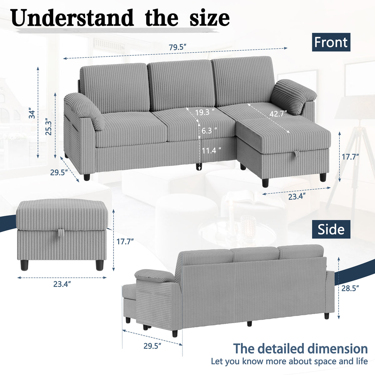 Meilocar Sectional Couch for Living Room, 79in Sectional Sofa with Ottoman, L Shaped Couch with Armrests Side Storage Pockage, 3-Seat Sofa Couches for Apartment, Black
