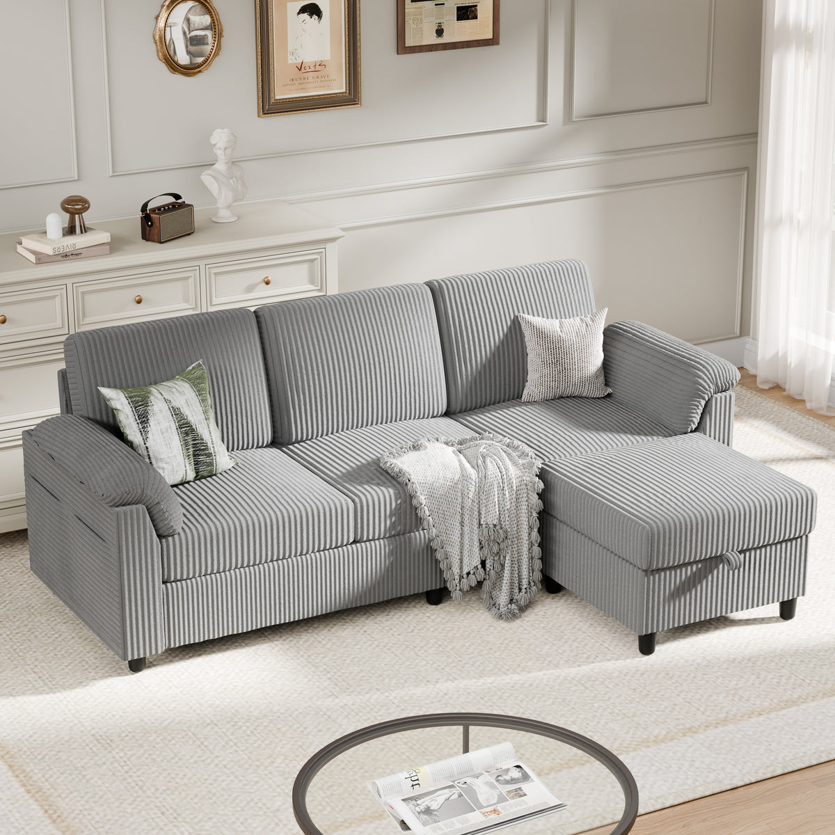 Meilocar Sectional Couch for Living Room, 79in Sectional Sofa with Ottoman, L Shaped Couch with Armrests Side Storage Pockage, 3-Seat Sofa Couches for Apartment, Black