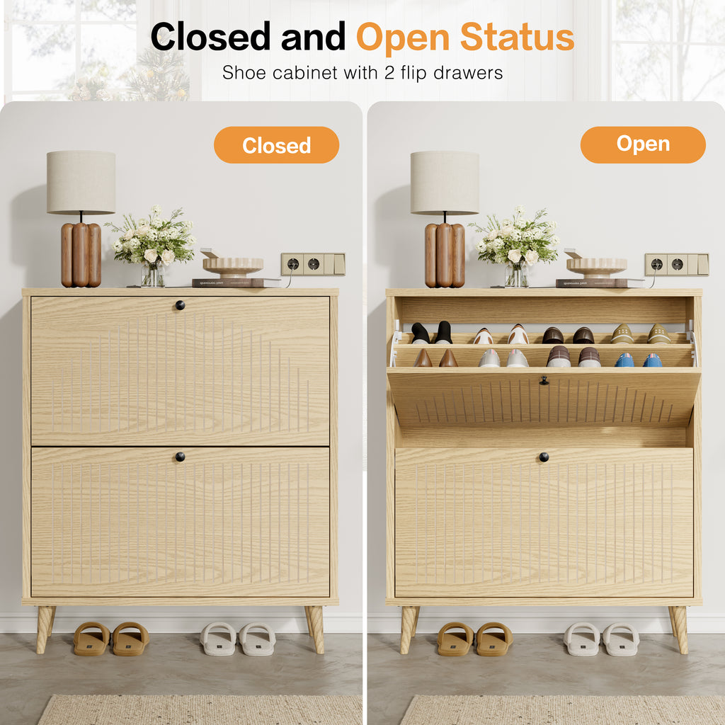 Shoe Cabinet with 2 Flip Drawers, Freestanding Wooden Shoe Storage Cabinet, Modern Fluted Shoe Organizer with Fluted Doors for Entryway, Hallway