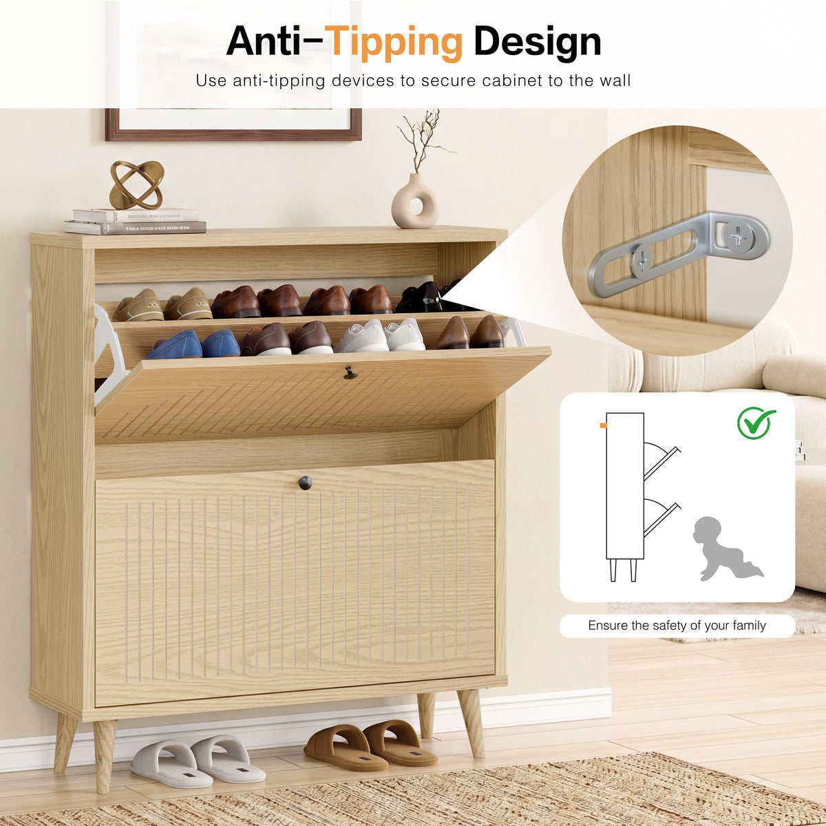 Shoe Cabinet with 2 Flip Drawers, Freestanding Wooden Shoe Storage Cabinet, Modern Fluted Shoe Organizer with Fluted Doors for Entryway, Hallway