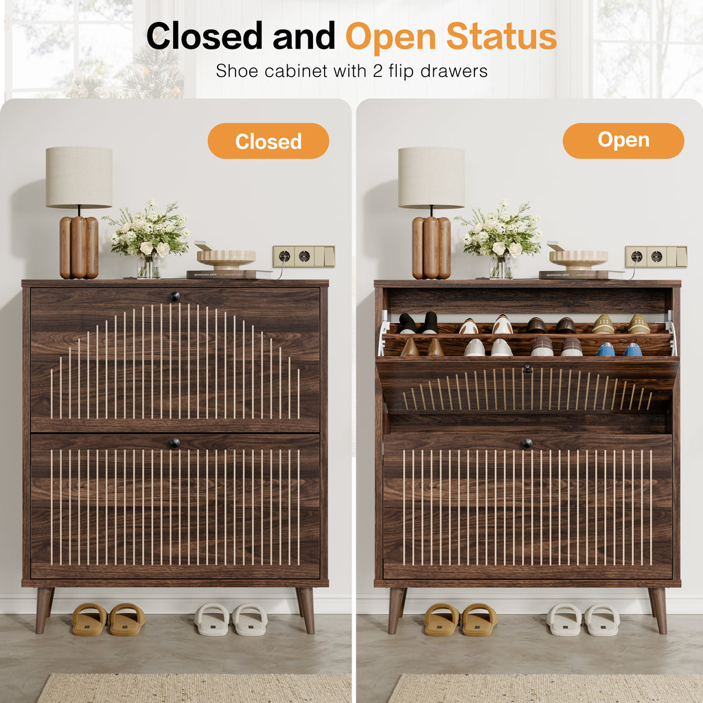 Shoe Cabinet with 2 Flip Drawers, Freestanding Wooden Shoe Storage Cabinet, Modern Fluted Shoe Organizer with Fluted Doors for Entryway, Hallway