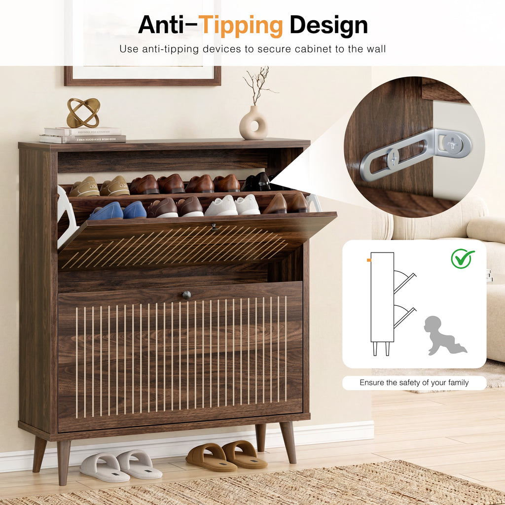 Shoe Cabinet with 2 Flip Drawers, Freestanding Wooden Shoe Storage Cabinet, Modern Fluted Shoe Organizer with Fluted Doors for Entryway, Hallway