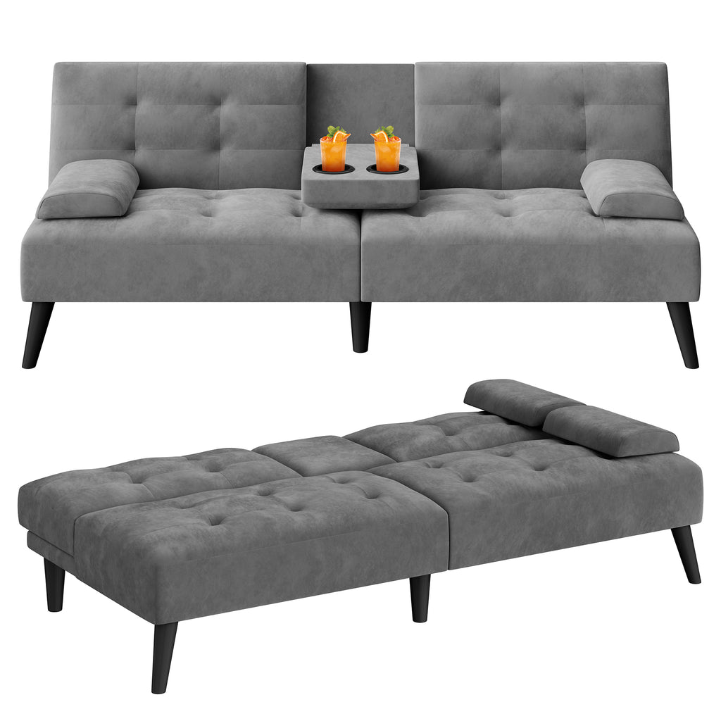 Meilocar 64" Futon Sofa Bed, Small Loveseat, Cup Holders, Small Couch with 3 Adjustable Angles, Removable Armrests, Small Sofa for Apartment, 5.3 FT