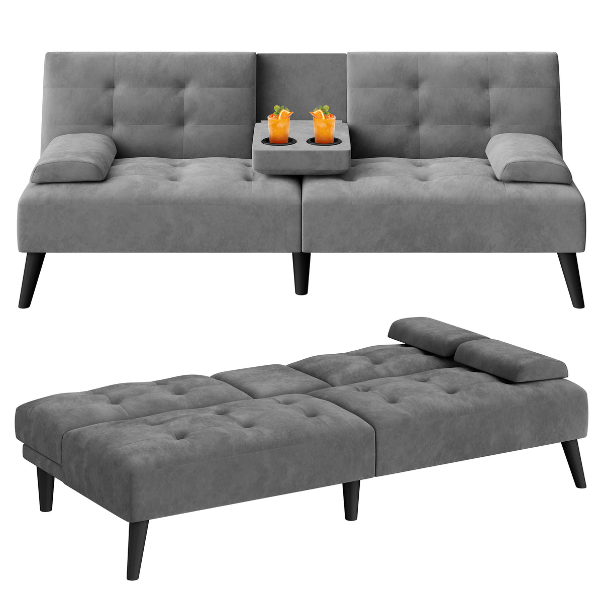 Meilocar 64" Futon Sofa Bed, Small Loveseat, Cup Holders, Small Couch with 3 Adjustable Angles, Removable Armrests, Small Sofa for Apartment, 5.3 FT