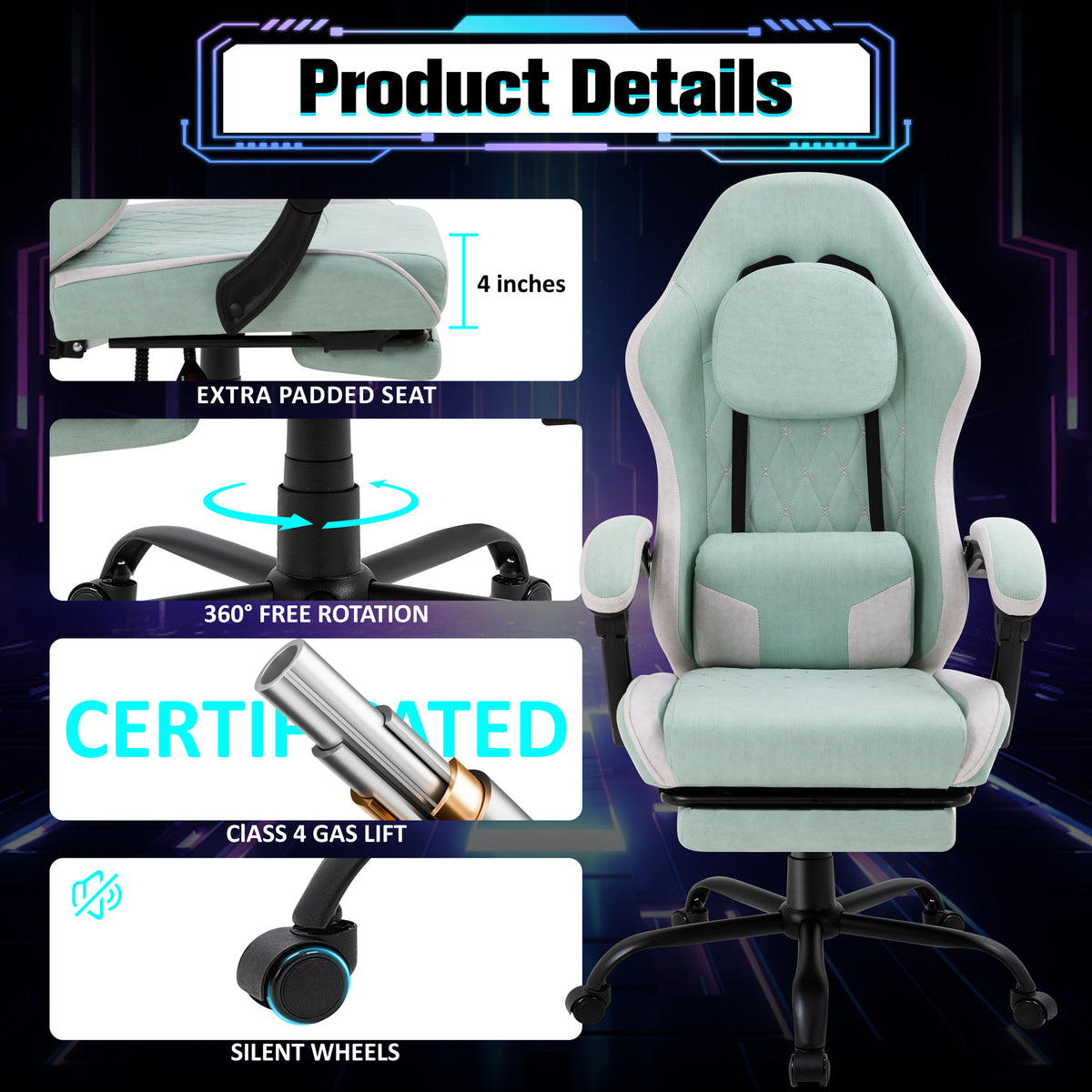 Meilocar Gaming Chair with Footrest, Ergonomic Fabric Desk Chair