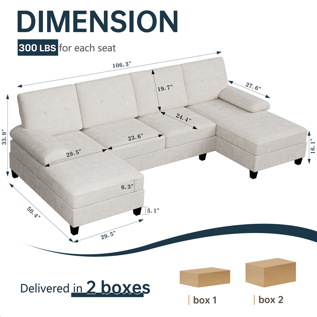 Meilocar Sectional Couches for Living Room, 106 in U Shaped Couch Soft Sectional Sofa with Double Chaise, Comfortable 4 Seat Couch
