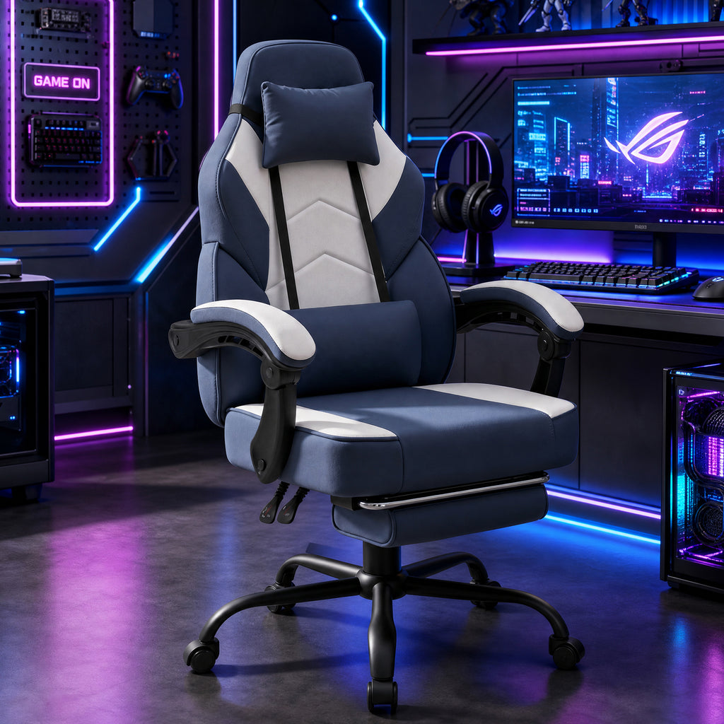 Meilocar Gaming Chair with Footrest Fabric Gaming Chair for Adults with Massage Lumbar Support, High Back Ergonomic Computer Chair, Pocket Spring Cushion, 150°Reclining & Linkage Armrests