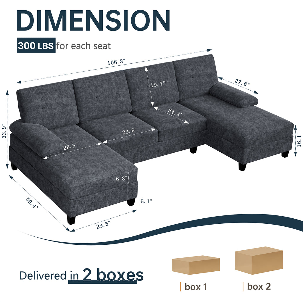 Meilocar Sectional Couches for Living Room, 106 in U Shaped Couch Soft Sectional Sofa with Double Chaise, Comfortable 4 Seat Couch