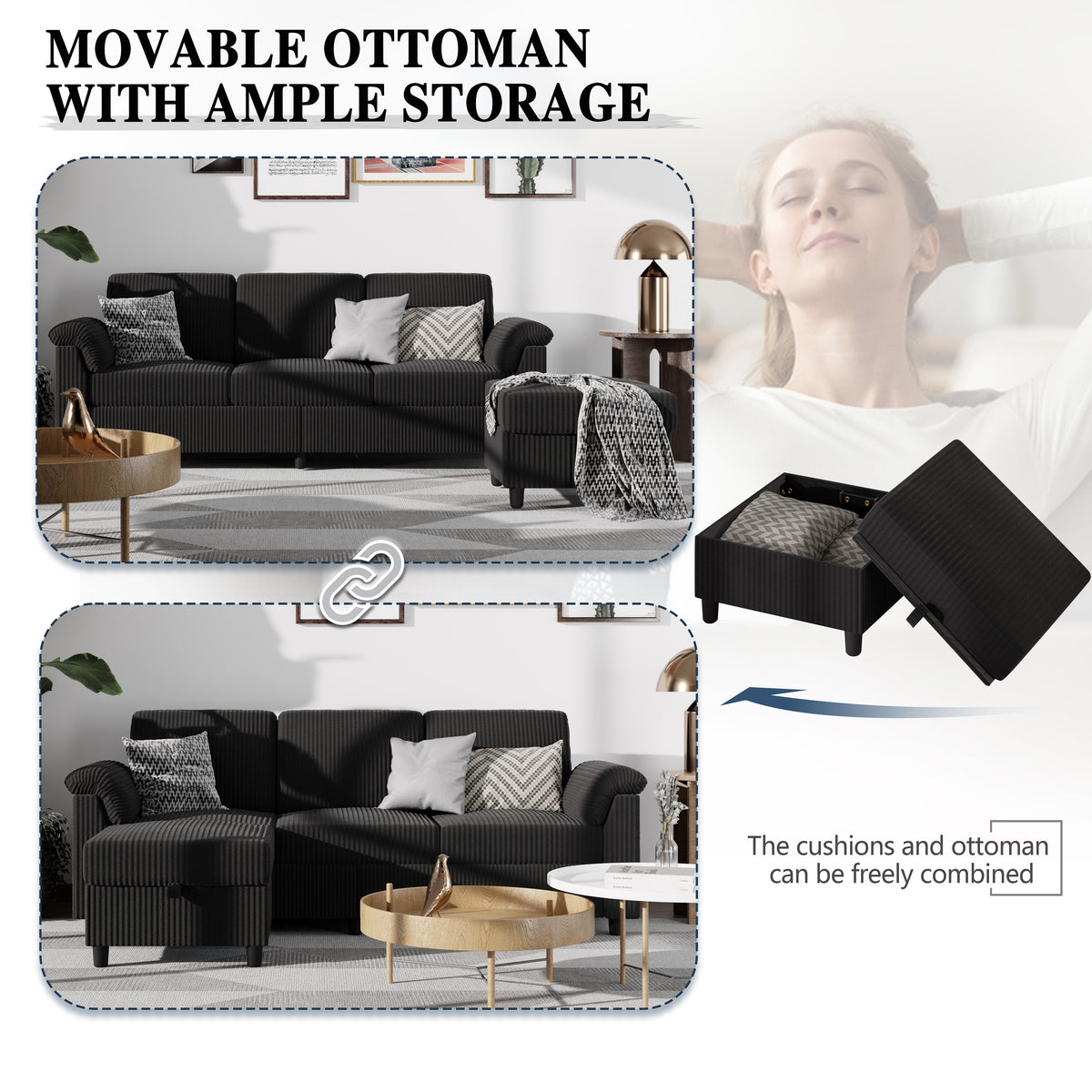 Meilocar Sectional Couch for Living Room, 79in Sectional Sofa with Ottoman, L Shaped Couch with Armrests Side Storage Pockage, 3-Seat Sofa Couches for Apartment, Black