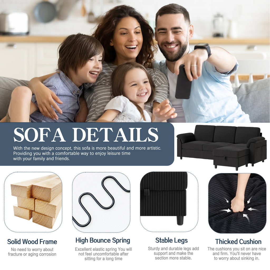 Meilocar Sectional Couch for Living Room, 79in Sectional Sofa with Ottoman, L Shaped Couch with Armrests Side Storage Pockage, 3-Seat Sofa Couches for Apartment, Black