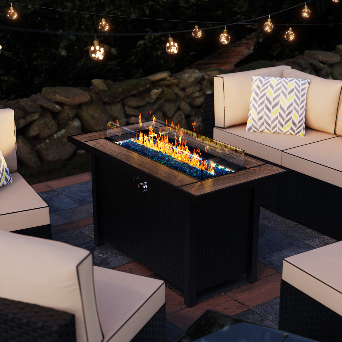 45in Fire Table, Propane Fire Pit with Glass Wind Guard and Rain Cover, Outdoor Firepit Table 50000 BTU 3-in-1 Fire Table for Patio/Yard/Balcony