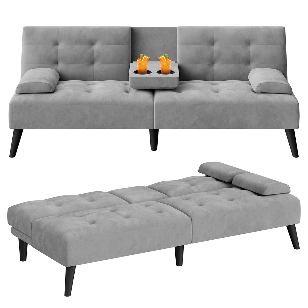 Meilocar 64" Futon Sofa Bed, Small Loveseat, Cup Holders, Small Couch with 3 Adjustable Angles, Removable Armrests, Small Sofa for Apartment, 5.3 FT