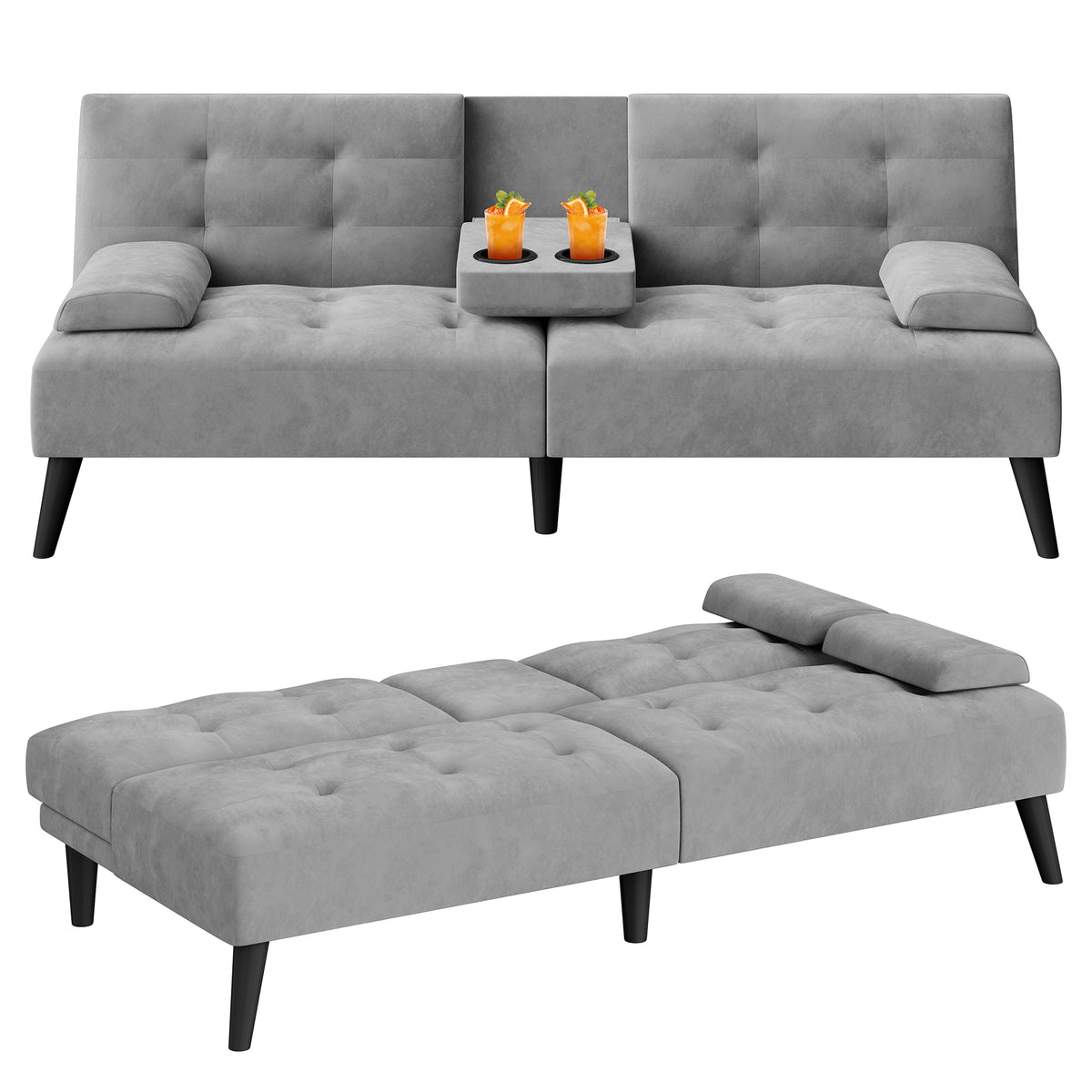 Meilocar 64" Futon Sofa Bed, Small Loveseat, Cup Holders, Small Couch with 3 Adjustable Angles, Removable Armrests, Small Sofa for Apartment, 5.3 FT
