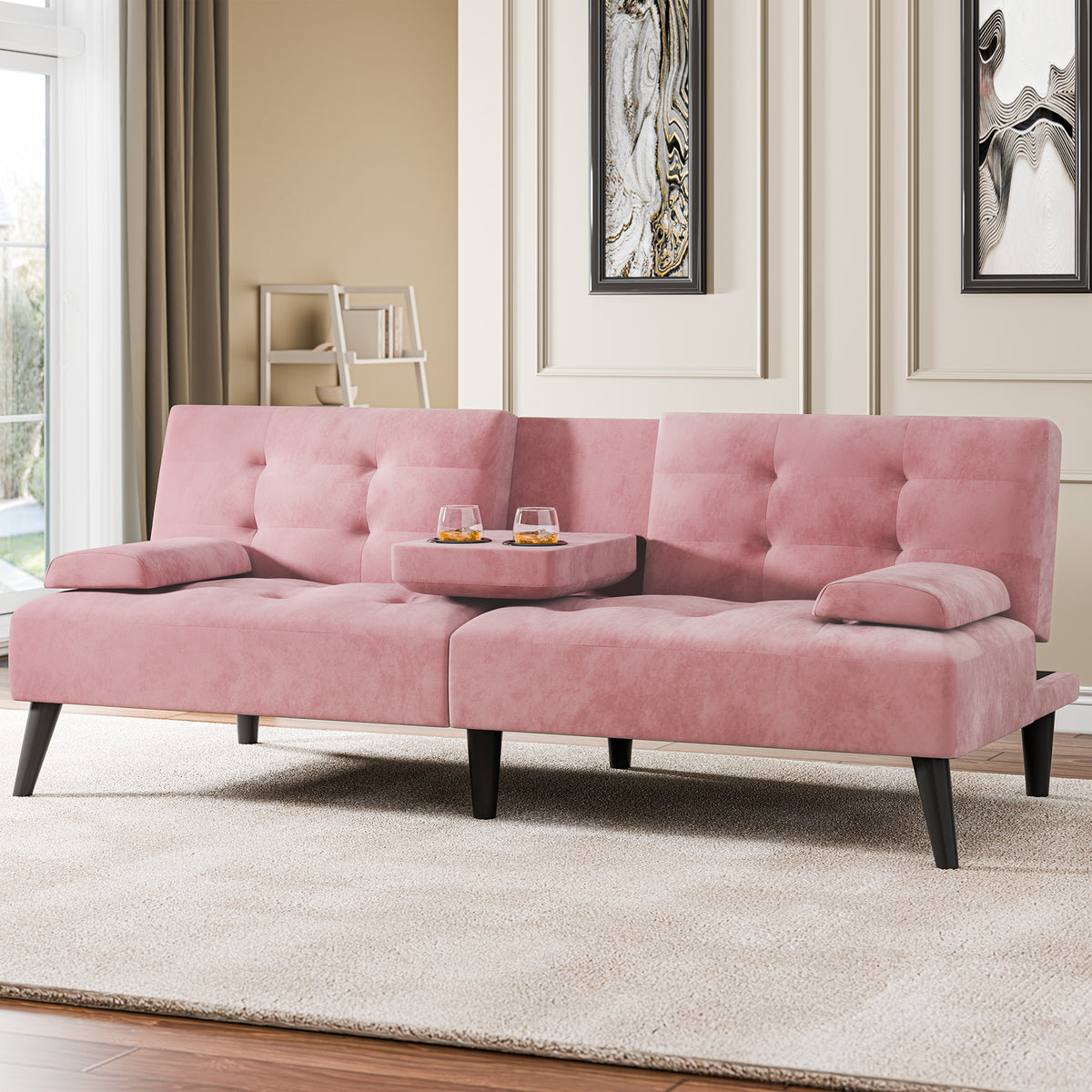 Meilocar 64" Futon Sofa Bed, Small Loveseat, Cup Holders, Small Couch with 3 Adjustable Angles, Removable Armrests, Small Sofa for Apartment, 5.3 FT
