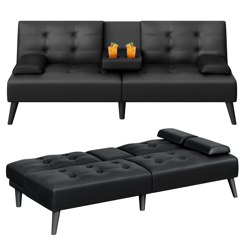 64" Futon Sofa Bed, Small Couch with 2 Cup Holders, PU Leather, Black