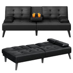 64" Futon Sofa Bed, Small Couch with 2 Cup Holders, PU Leather, Black