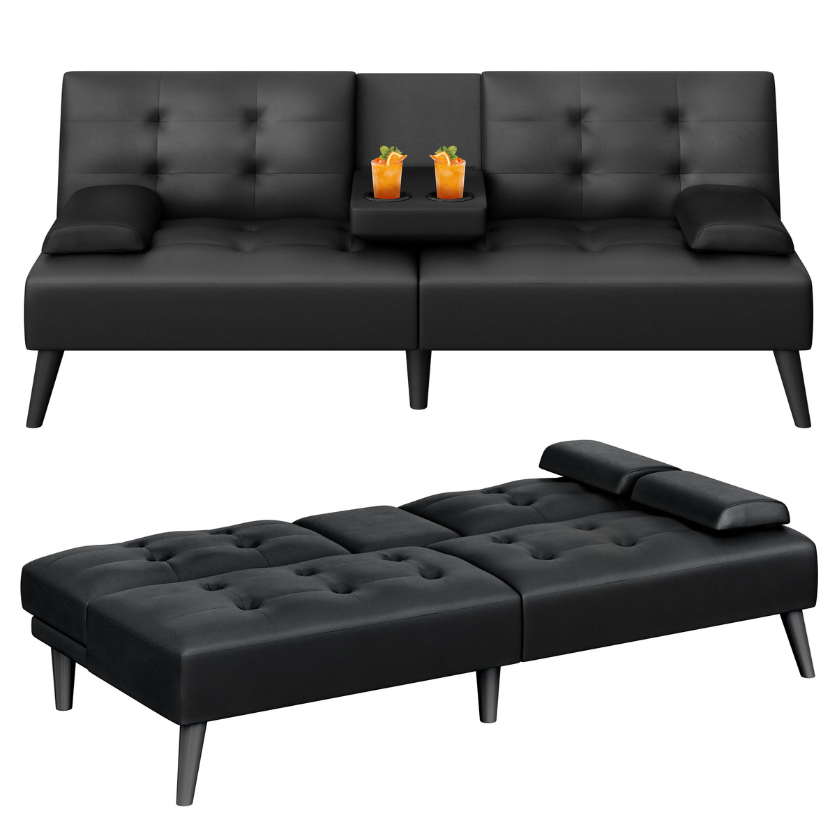 64" Futon Sofa Bed, Small Couch with 2 Cup Holders, PU Leather, Black