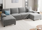 Meilocar Sectional Couches for Living Room, U Shaped Couch Sectional Sofa with Chaise, 4 Seat Sofa Couch for Apartment, Sectionals Couches Linen, Striped Grey