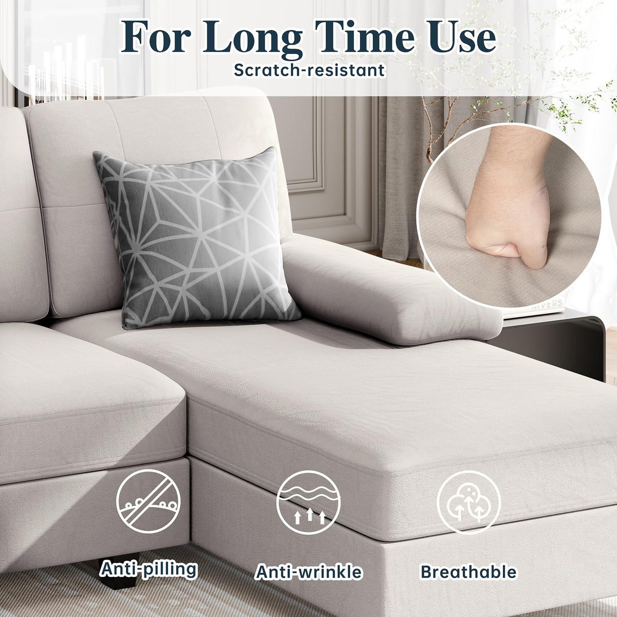 Meilocar Sectional Couches for Living Room, U Shaped Couch with Linen Fabric, 4 Seat Sofa with Removable Pillows for Apartment and Small Space, White