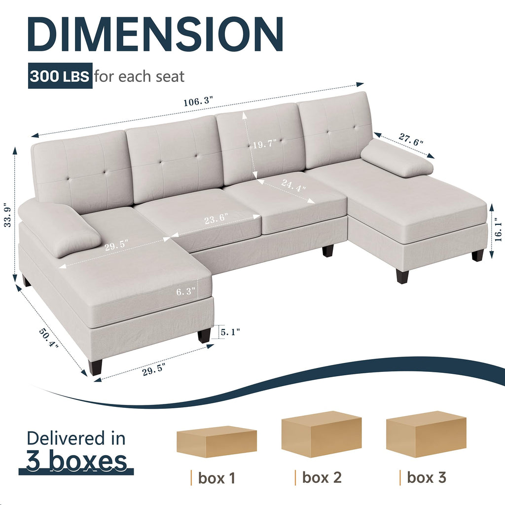 Meilocar Sectional Couches for Living Room, U Shaped Couch with Linen Fabric, 4 Seat Sofa with Removable Pillows for Apartment and Small Space, White