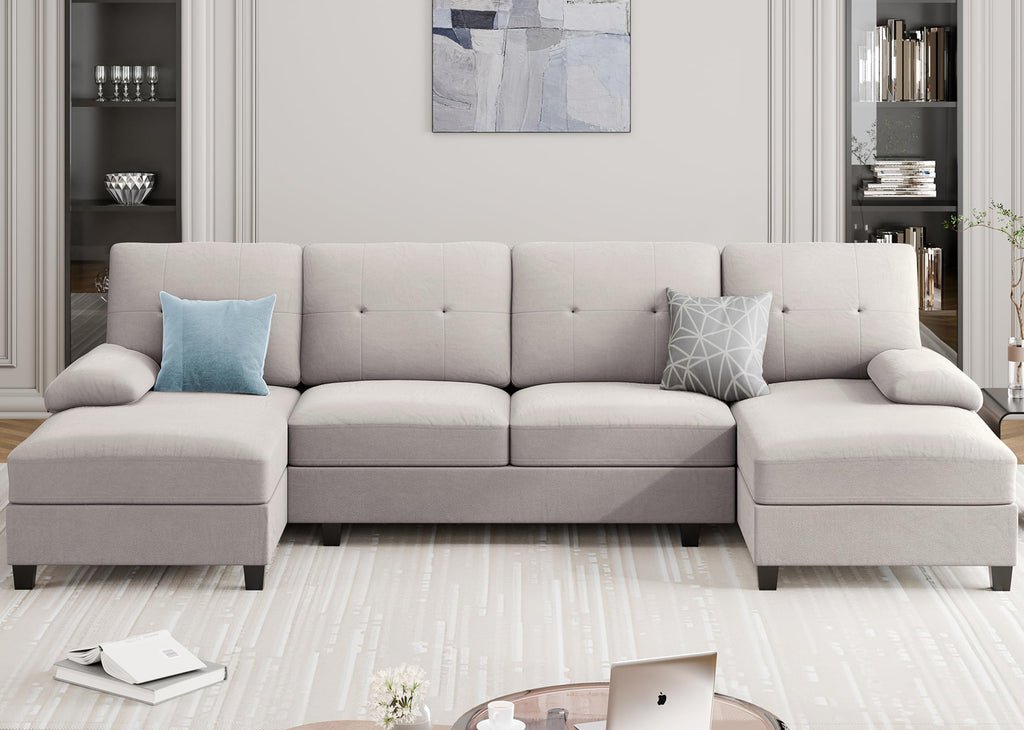 Meilocar Sectional Couches for Living Room, U Shaped Couch with Linen Fabric, 4 Seat Sofa with Removable Pillows for Apartment and Small Space, White
