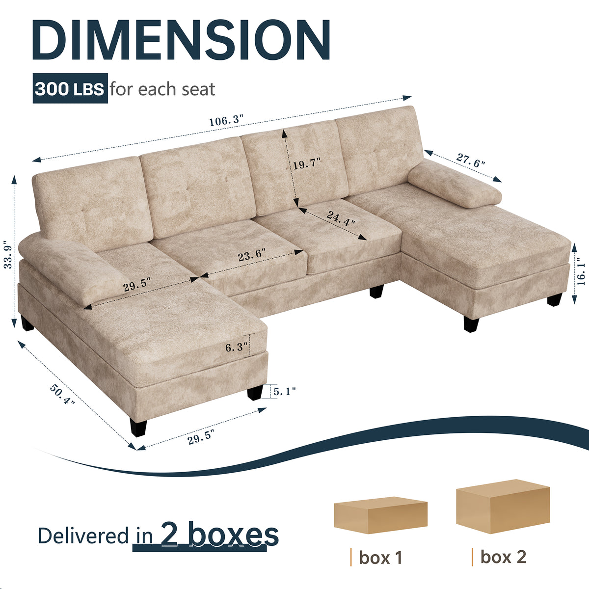 Meilocar Sectional Couches for Living Room, 106 in U Shaped Couch Soft Sectional Sofa with Double Chaise, Comfortable 4 Seat Couch