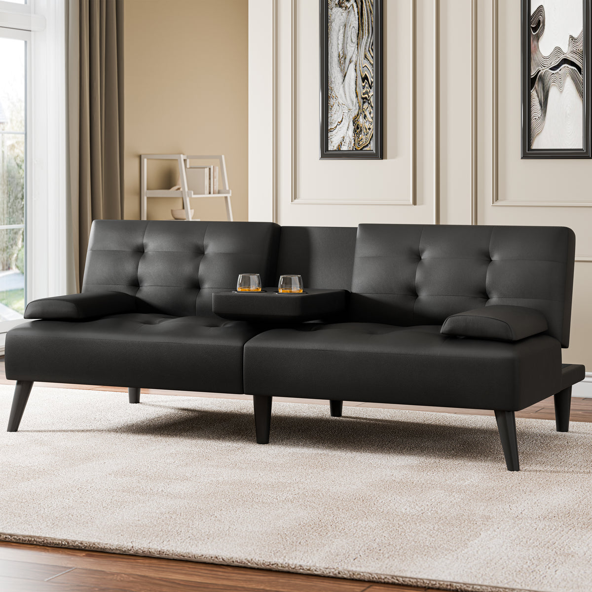 64" Futon Sofa Bed, Small Couch with 2 Cup Holders, PU Leather, Black