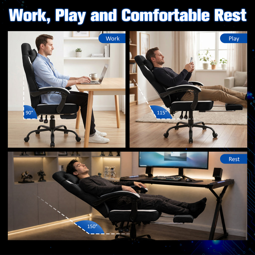 Meilocar Gaming Chair with Footrest Fabric Gaming Chair for Adults with Massage Lumbar Support, High Back Ergonomic Computer Chair, Pocket Spring Cushion, 150°Reclining & Linkage Armrests