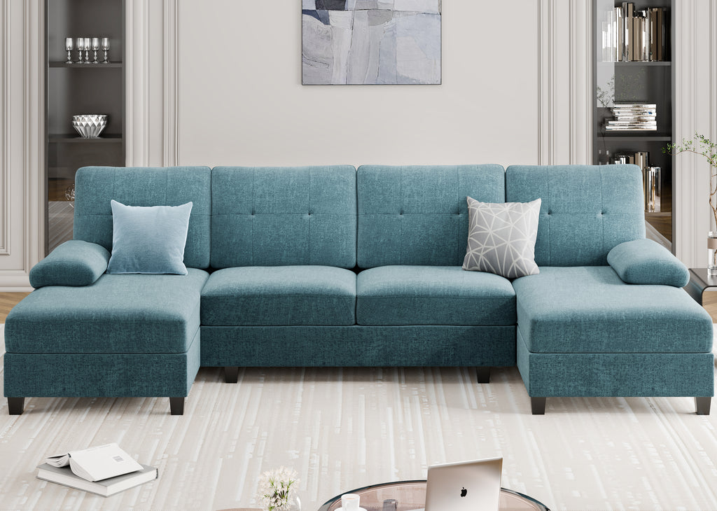 Meilocar Sectional Couches for Living Room, U Shaped Couch 4 Seat Sofa with Removable Pillows for Apartment and Small Space (Striped Blue)