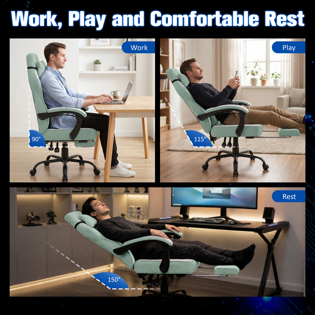 Meilocar Gaming Chair with Footrest Fabric Gaming Chair for Adults with Massage Lumbar Support, High Back Ergonomic Computer Chair, Pocket Spring Cushion, 150°Reclining & Linkage Armrests